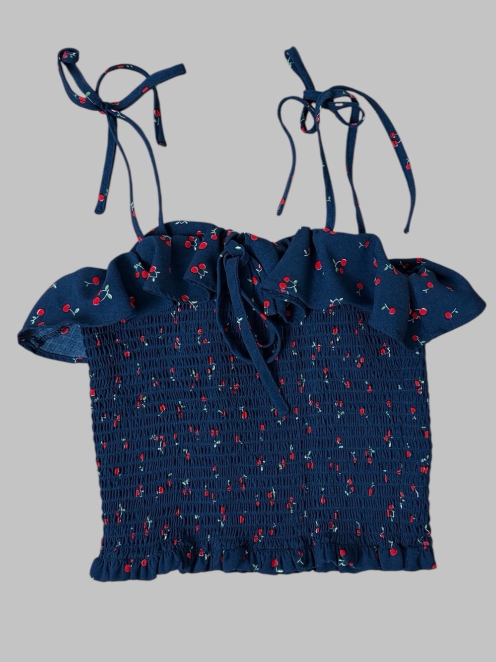 Gianni Bini Navy Blue & Red Cherry Print Smocked Tie Top